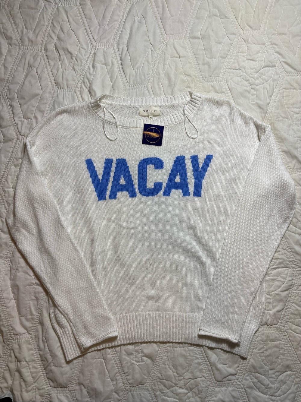 Wishlist White Crewneck Sweater with Blue VACAY Lettering